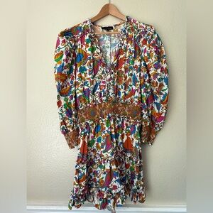 HOUSE OF HARLOW 1960 V-neck Puff Sleeve Smocked Tiered Colorful Ruffle Dress